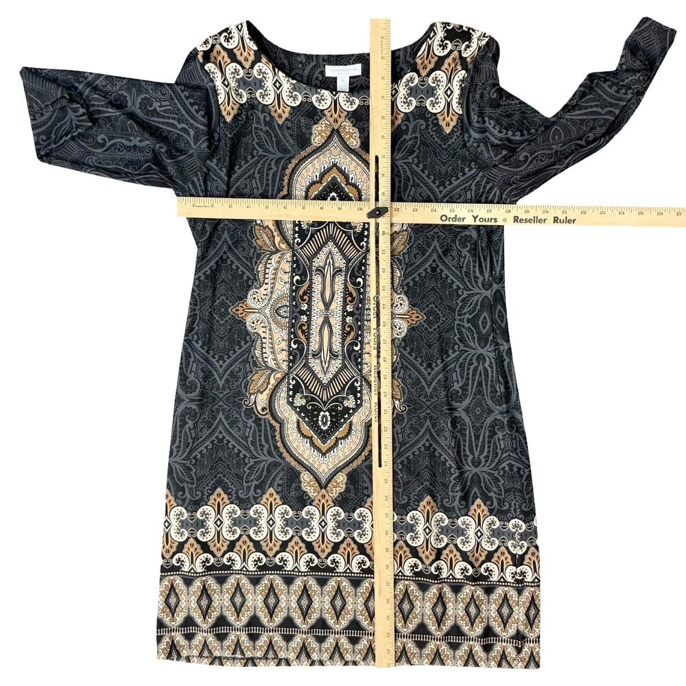 Charter Club Gray Brown Cream Filigree 3/4 Sleeve Sheath Dress Petite size L PL - Picture 7 of 9